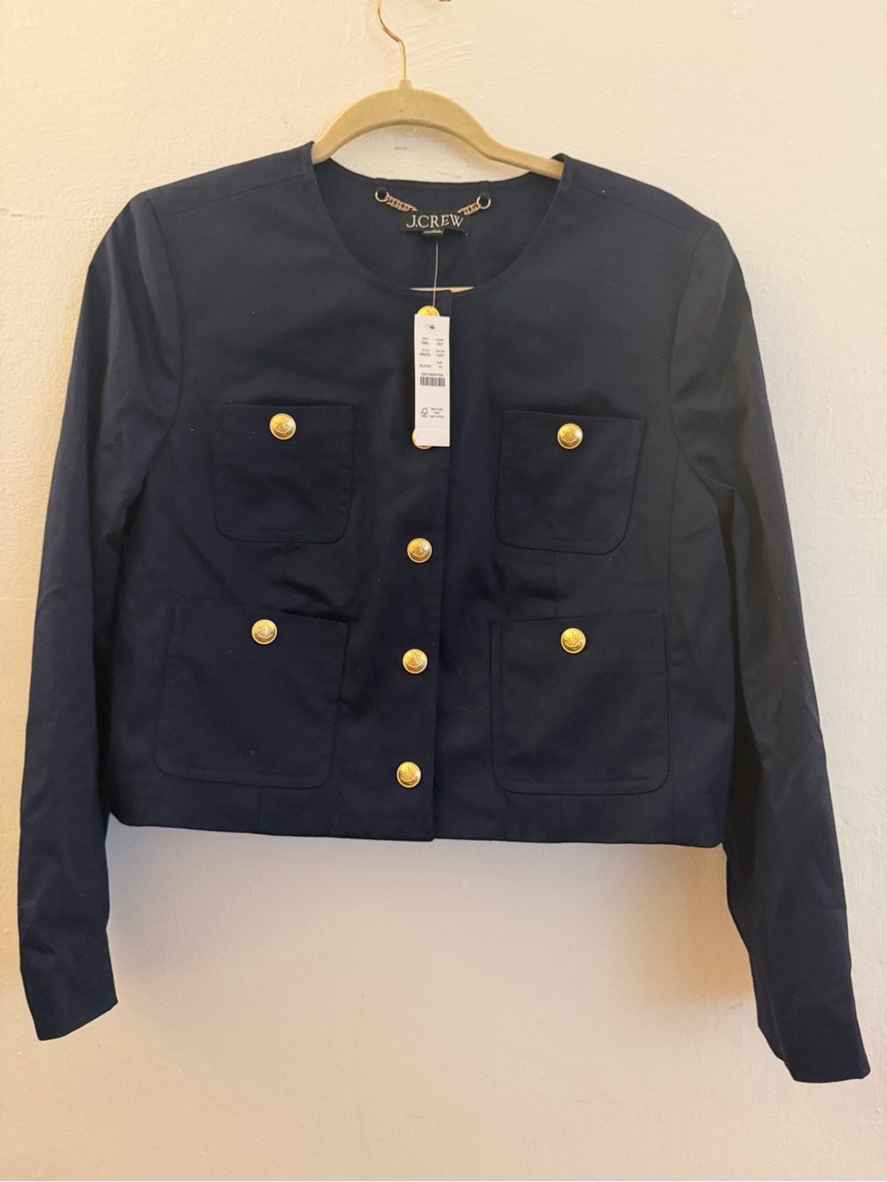 J. Crew Navy Collarless Lady Jacket gold snap button detail new size 10